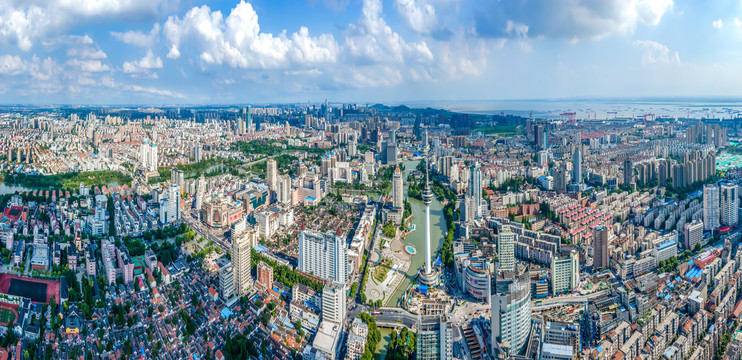 航拍江苏南通城市建筑天际线全景