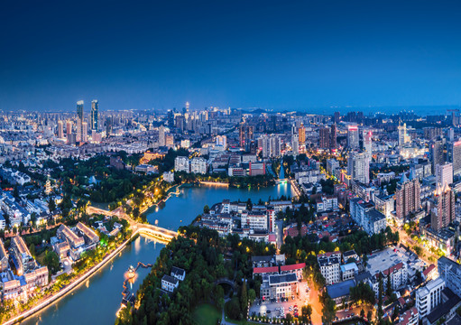 航拍江苏南通濠河沿岸夜景