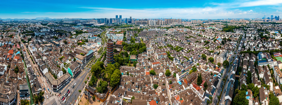 航拍苏州历史古迹北寺塔