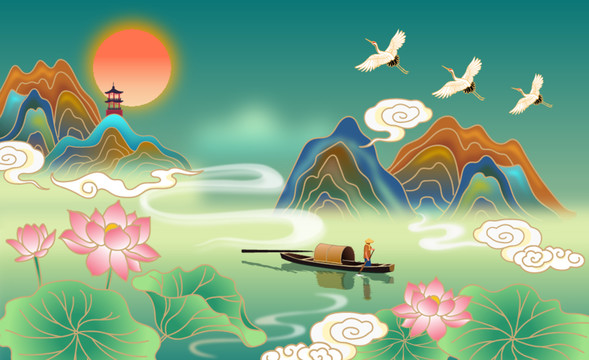 國潮山水插畫矢量畫