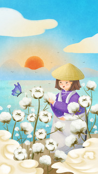 小女孩采收棉花中國風(fēng)插畫