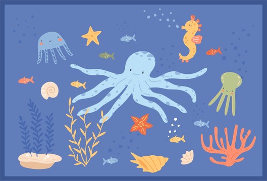 海底活動卡通章魚珊瑚