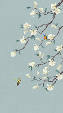 中式玉蘭花鳥屏風
