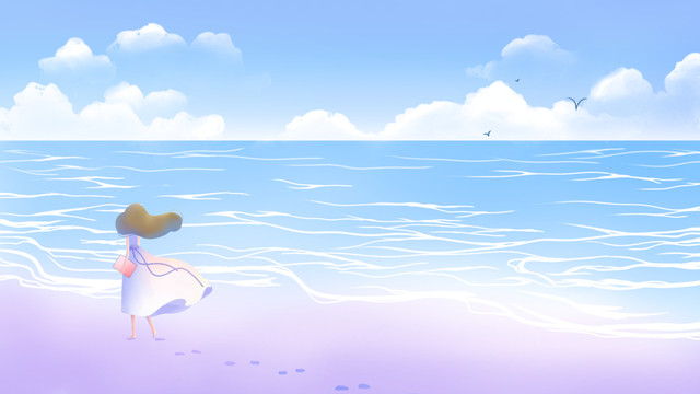 海邊散步的少女唯美治愈插畫