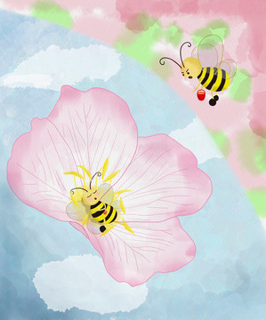 儿童插画手绘花与蜜蜂蜜蜂采蜜