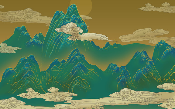 青綠山水手繪高端壁畫