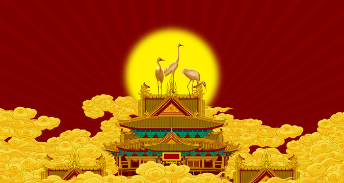 樓閣仙鶴背景墻中式酒店壁畫高端