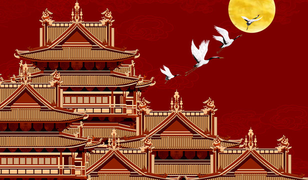 古代樓閣背景墻