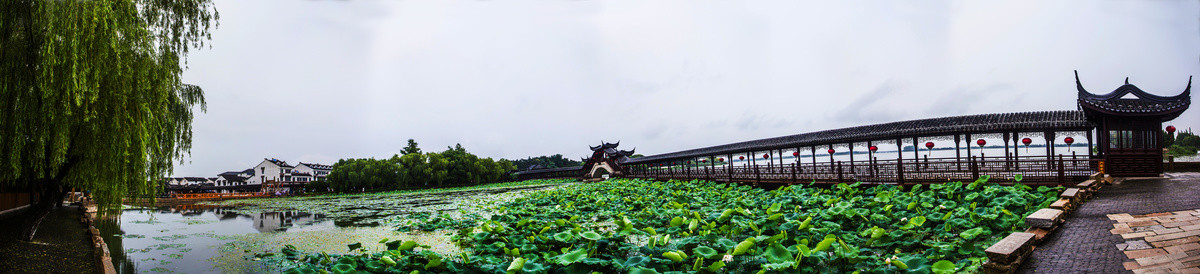 江苏锦溪古镇荷塘廊桥