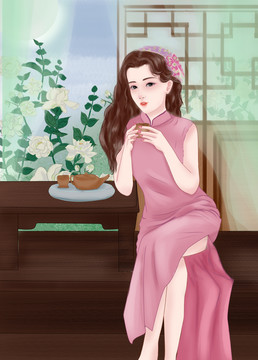 旗袍美女喝茉莉花茶插畫(huà)