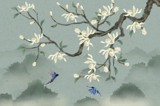 玉蘭花鳥山水畫