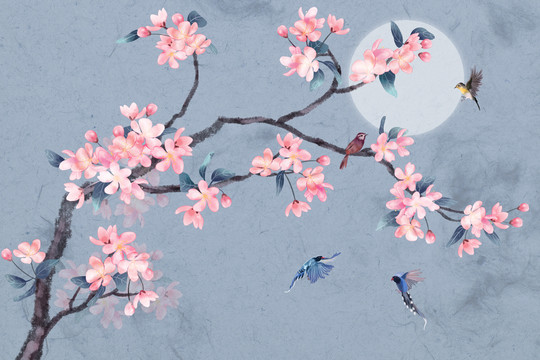 中式海棠花鳥壁畫