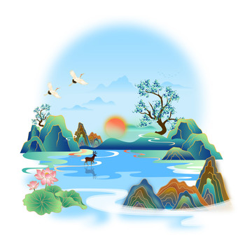 山水國潮矢量插畫