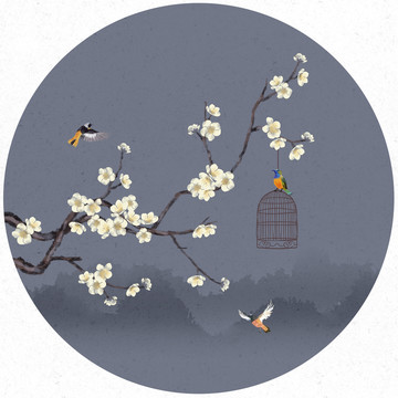 圓形梅花花鳥畫