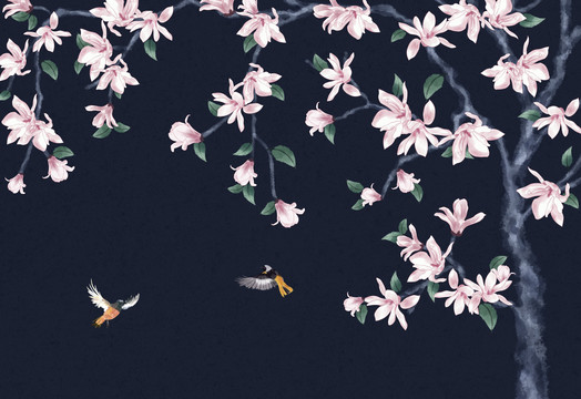 玉蘭花鳥壁畫