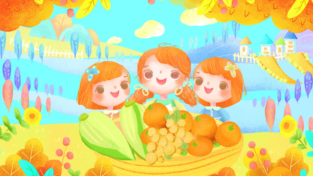 秋季水果农产品丰收采摘儿童插画