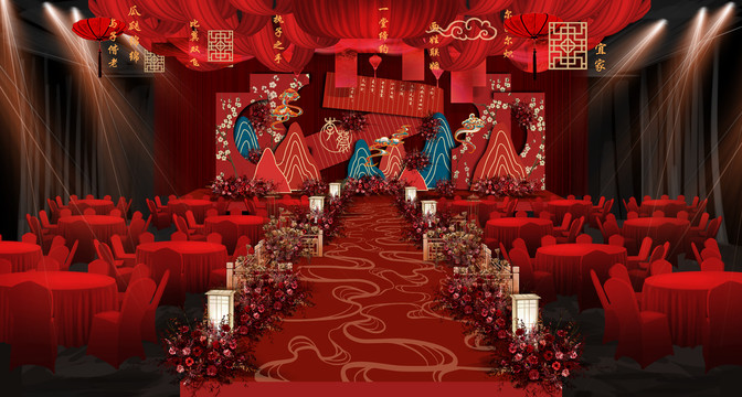 新中式紅藍(lán)撞色婚禮效果圖