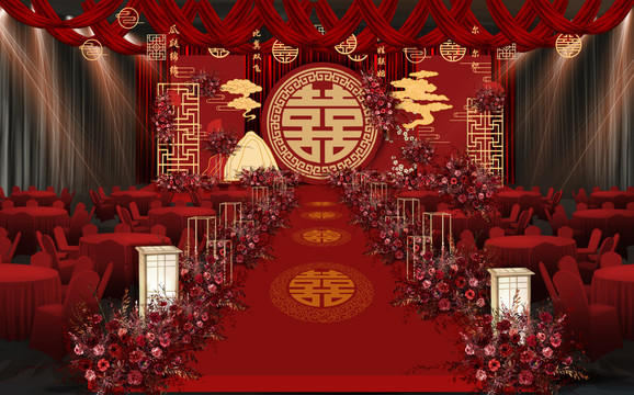 中式婚禮中國(guó)紅大喜字婚禮效果圖