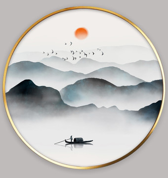 新中式圓形意境山水畫