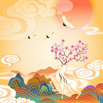 國潮山水麋鹿意境插畫