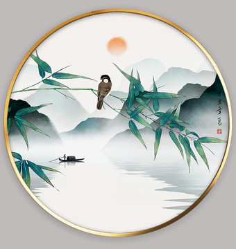 新中式工筆竹鳥(niǎo)山水畫(huà)