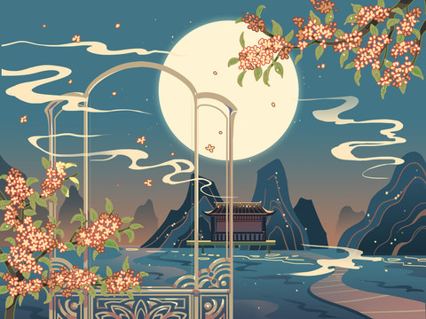中秋月圓桂花中秋佳節(jié)國慶插畫