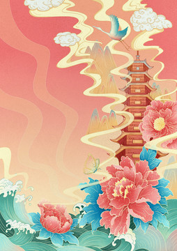 中國風(fēng)花卉建筑水紋云紋插畫