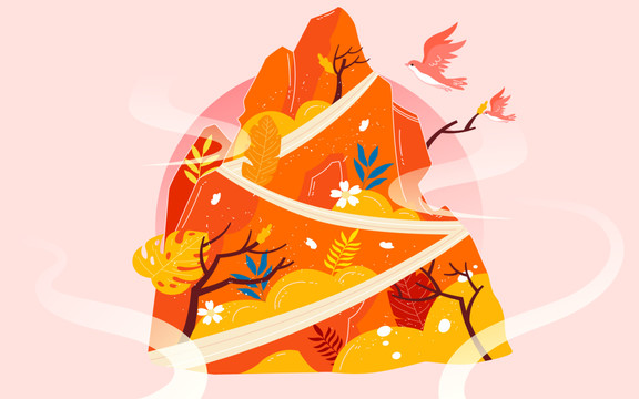 秋天風(fēng)景海報(bào)秋季登山旅游插畫
