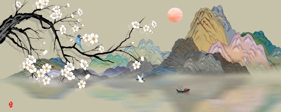 國(guó)潮花鳥掛畫壁畫墻紙