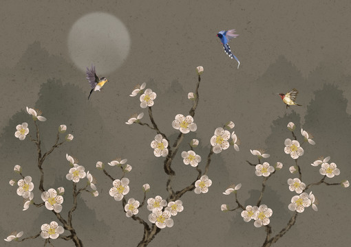 中式梅花花鳥裝飾畫