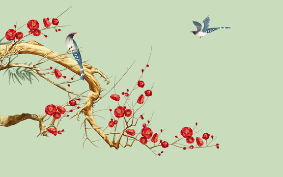红梅花鸟手绘梅花背景墙