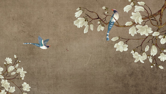 復(fù)古玉蘭花鳥背景墻