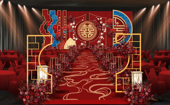 紅藍(lán)撞色中式婚禮國風(fēng)婚禮