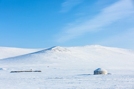 冬季草原积雪蒙古包