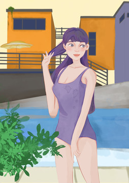 泳衣美女手繪