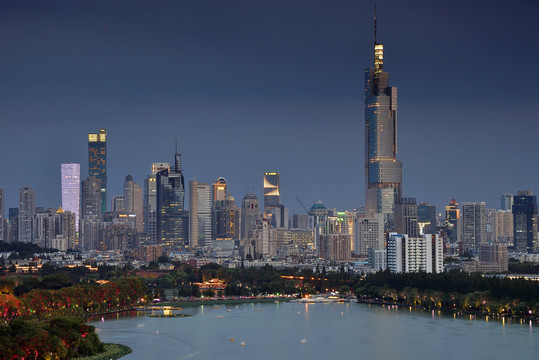 南京玄武湖城市建筑风光夜景