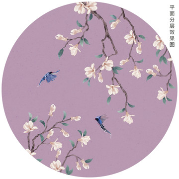 圓形玉蘭花鳥畫