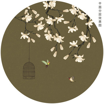中式圆形玉兰花鸟画