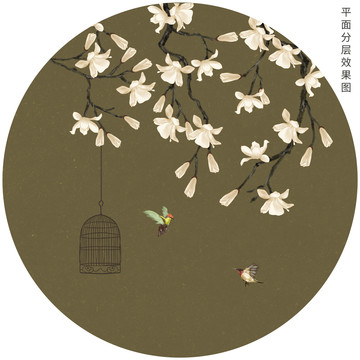 中式圓形玉蘭花鳥畫