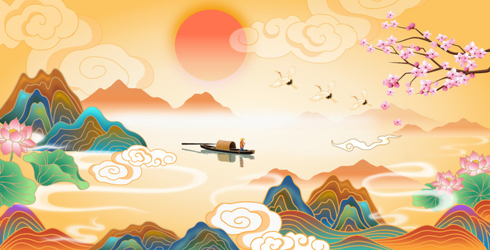 唯美山水國潮裝飾畫