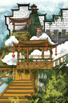 空中楼阁插画创意风景