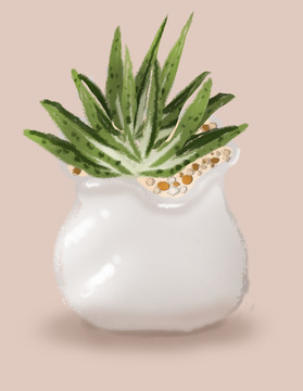 水彩綠色盆栽植物手繪插畫