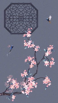 中式海棠花花鳥屏風(fēng)