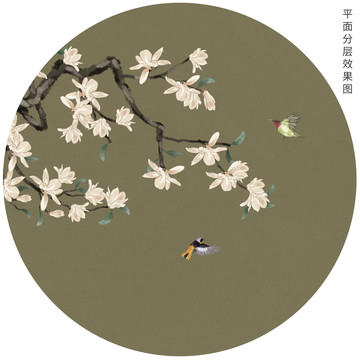 圓形玉蘭花鳥裝飾畫