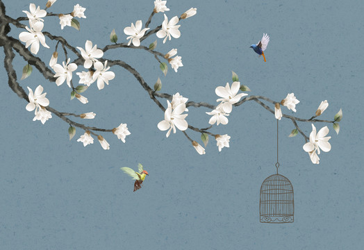 中式玉蘭花鳥裝飾畫