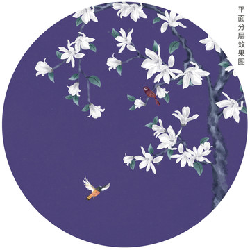 圓形工筆玉蘭花鳥(niǎo)畫(huà)