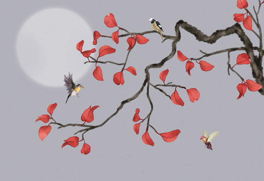中式紅葉花鳥裝飾畫