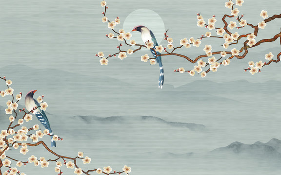 梅花花鳥手繪背景墻