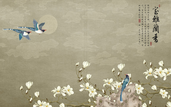 玉蘭花鳥藍鵲手繪背景墻