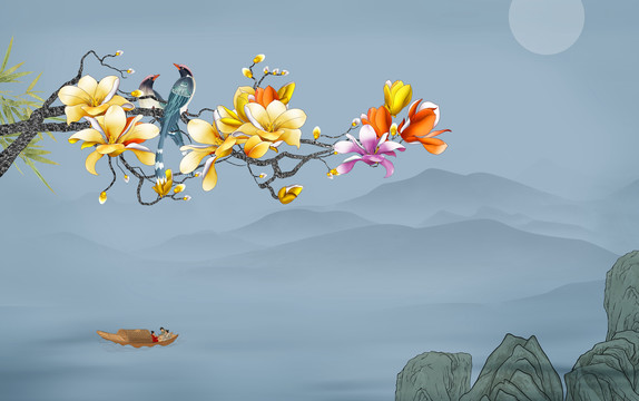 高清玉蘭花鳥